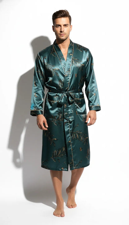 Kimono en Satin Vert Bleu pour Homme | Motif Floral Doré | Manches Longues | Longueur Mi-Mollet | 1 Pièce - Vue de face