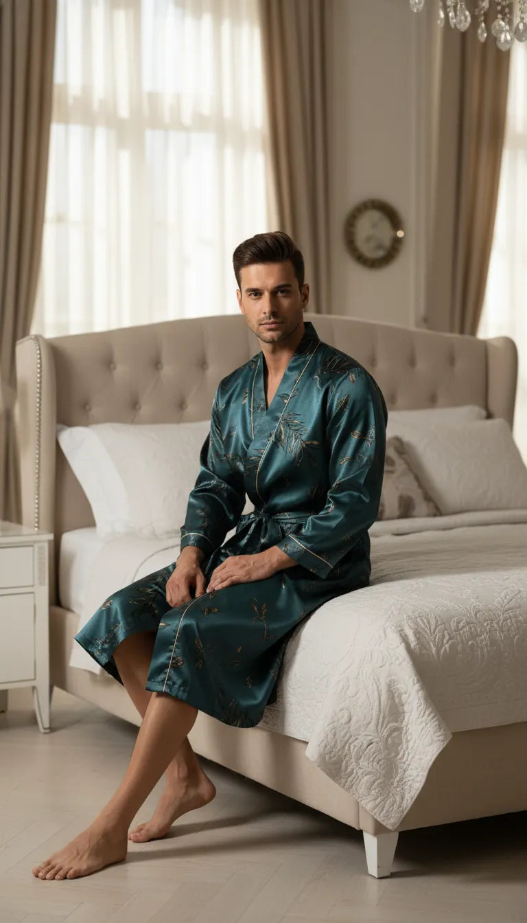 Kimono en Satin Vert Bleu pour Homme | Motif Floral Doré | Manches Longues | Longueur Mi-Mollet | 1 Pièce - Mise en situation portée