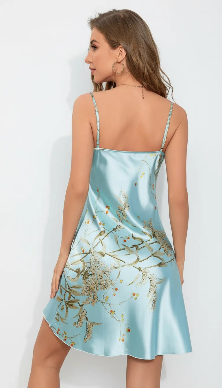 Nuisette Satin Bleu Céleste pour Femme | Coupe Droite Fleurie | 1 Pièce - Vue de dos