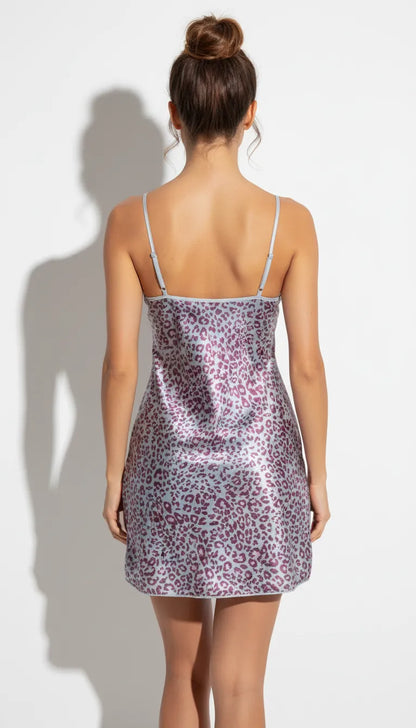 Nuisette Satin Léopard Rose et Argent pour Femme | Avec Dentelle au Décolleté | 1 Pièce - Vue de dos