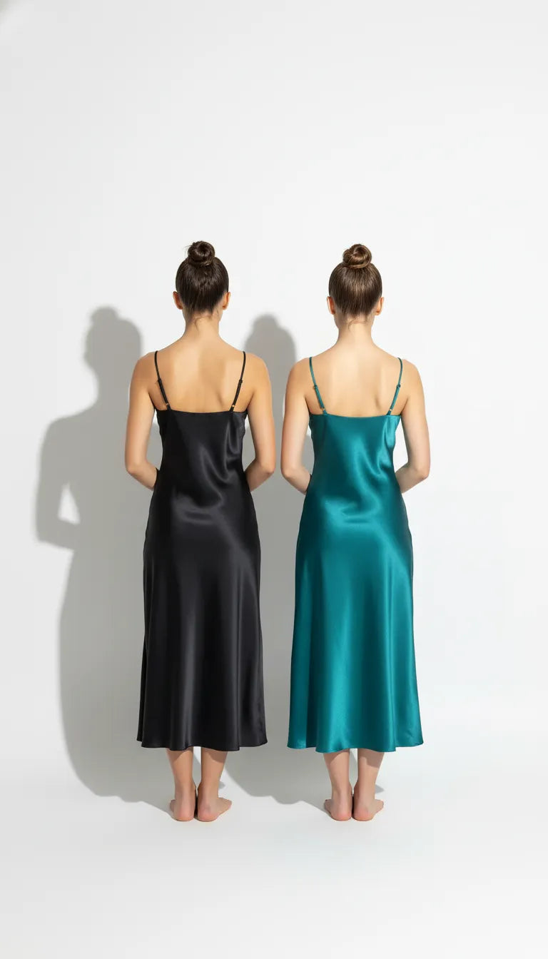 Nuisette Satin Noir & Vert Émeraude pour Femme | Décolleté V et Bretelles Fines | Pack 2 Pièces - Vue de dos