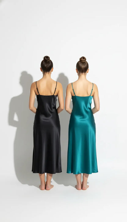 Nuisette Satin Noir & Vert Émeraude pour Femme | Décolleté V et Bretelles Fines | Pack 2 Pièces - Vue de dos