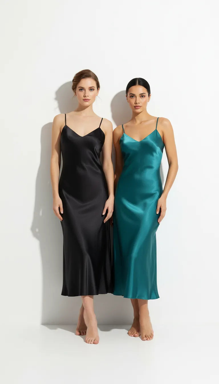 Nuisette Satin Noir & Vert Émeraude pour Femme | Décolleté V et Bretelles Fines | Pack 2 Pièces - Vue de face