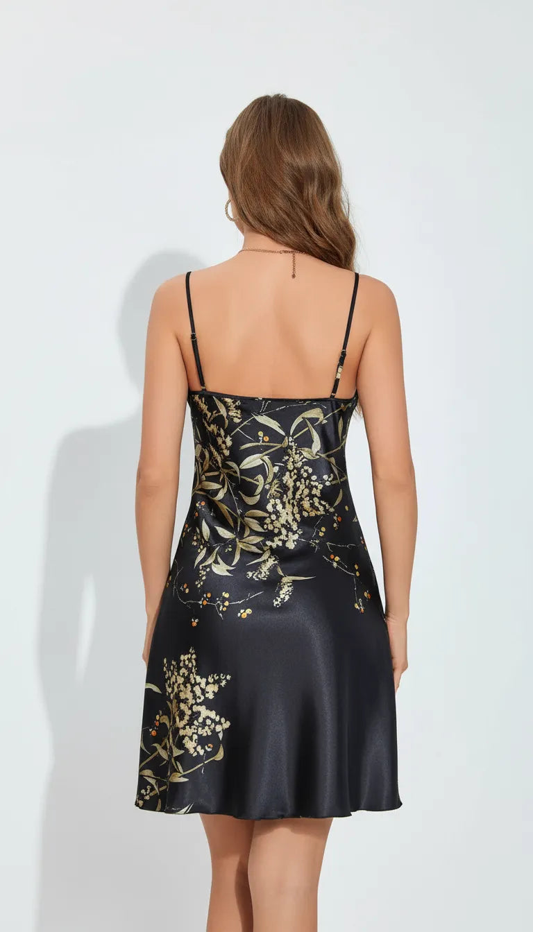 Nuisette Satin Noir avec Motifs Floraux Dorés pour Femme | Élégance Intemporelle | 1 Pièce - Vue de dos