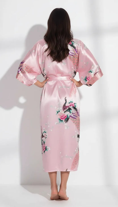 Peignoir Satin Rose et Floral | Kimono Long Femme | 1 Pièce - Vue de dos