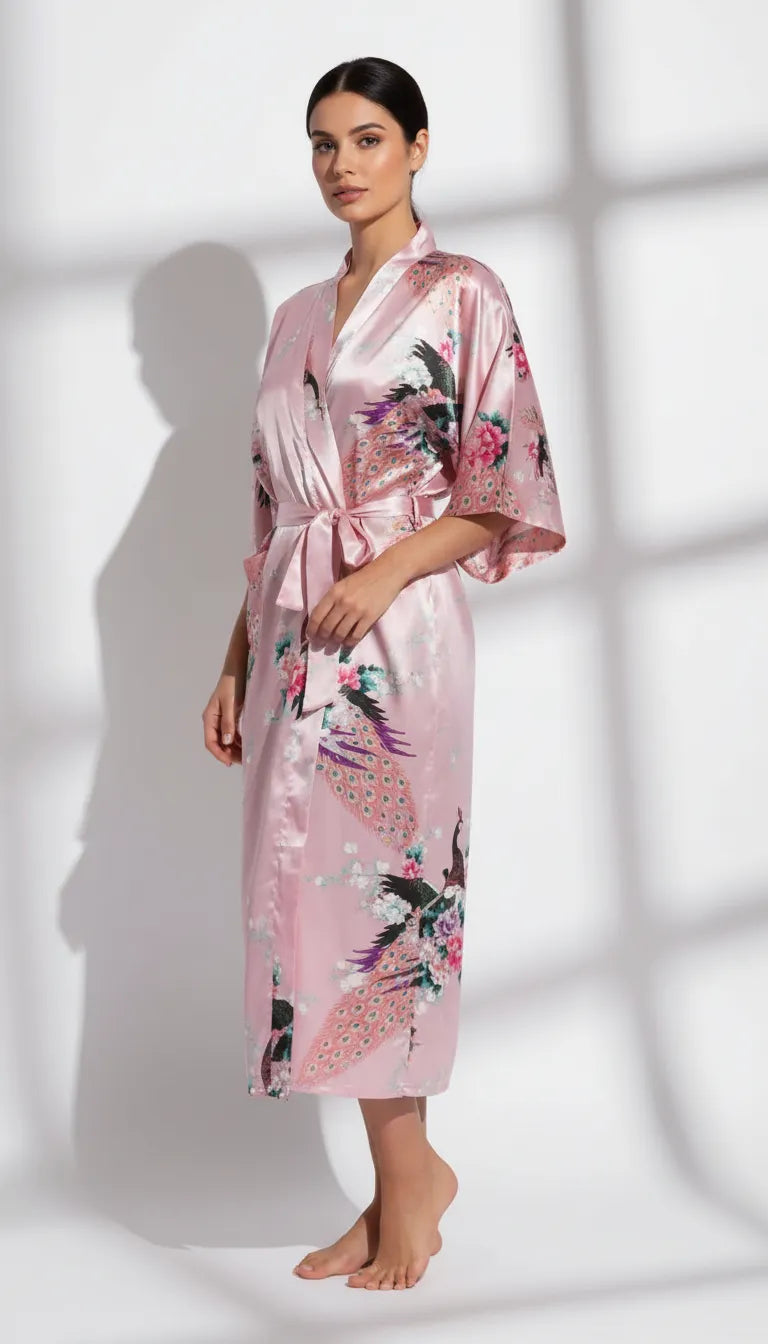 Peignoir Satin Rose et Floral | Kimono Long Femme | 1 Pièce - Vue de face