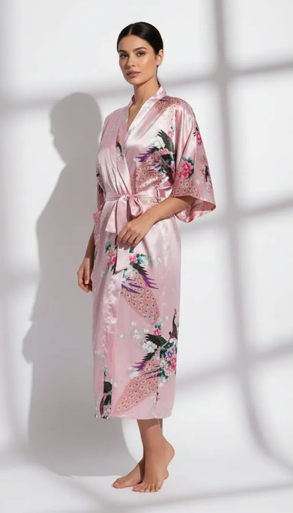 Peignoir Satin Rose et Floral | Kimono Long Femme | 1 Pièce - Vue de face