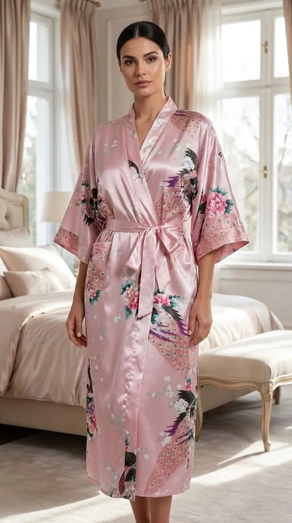 Peignoir Satin Rose et Floral | Kimono Long Femme | 1 Pièce - Mise en situation portée