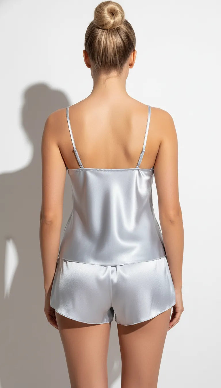 Pyjama Satin Argenté | Romantique | Débardeur & Short Femme | Ensemble 2 Pièces - Vue de dos