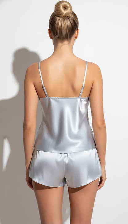 Pyjama Satin Argenté | Romantique | Débardeur & Short Femme | Ensemble 2 Pièces - Vue de dos