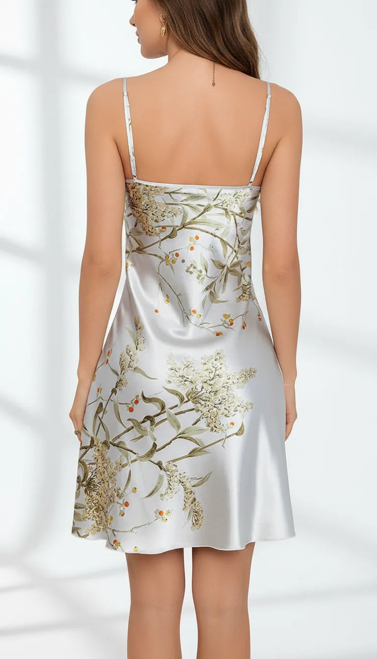 Pyjama Satin Argenté Fleurie pour Femme | Nuisette Délicate à Bretelles Fines | 1 Pièce - Vue de dos