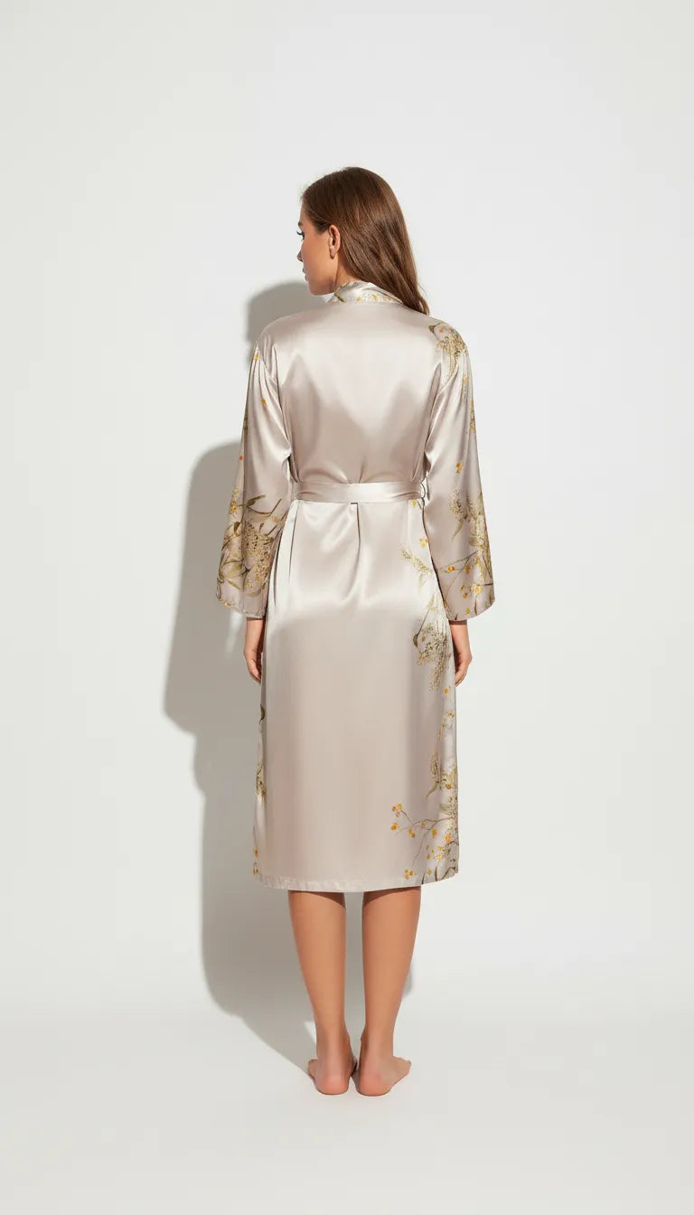 Pyjama Satin Argenté et Doré pour Femme | Robe Kimono Longue avec Ceinture | 1 Pièce - Vue de dos