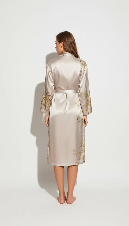 Pyjama Satin Argenté et Doré pour Femme | Robe Kimono Longue avec Ceinture | 1 Pièce - Vue de dos