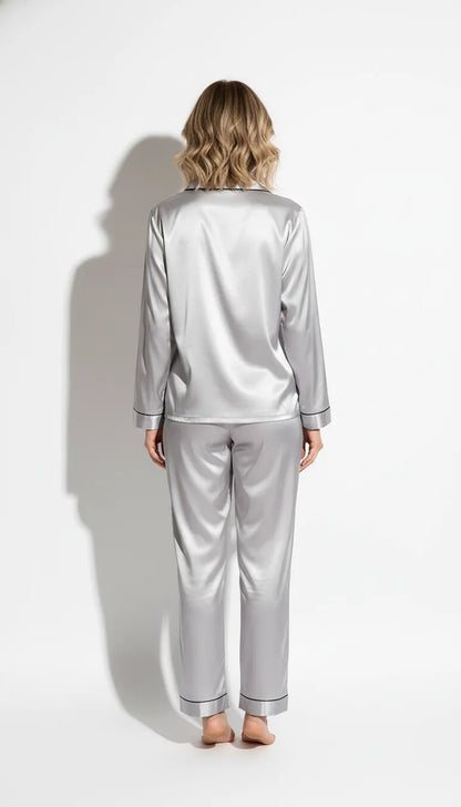 Pyjama Satin Argenté pour Femme | Chemise Boutonnée & Pantalon | Ensemble 2 Pièces - Vue de dos