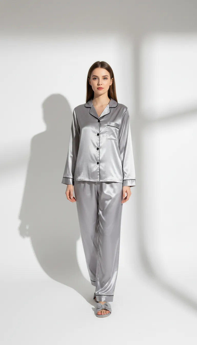 Pyjama Satin Argenté pour Femme | Ensemble Classique Satiné | Chemise Manches Longues & Pantalon | 2 Pièces - Vue de face