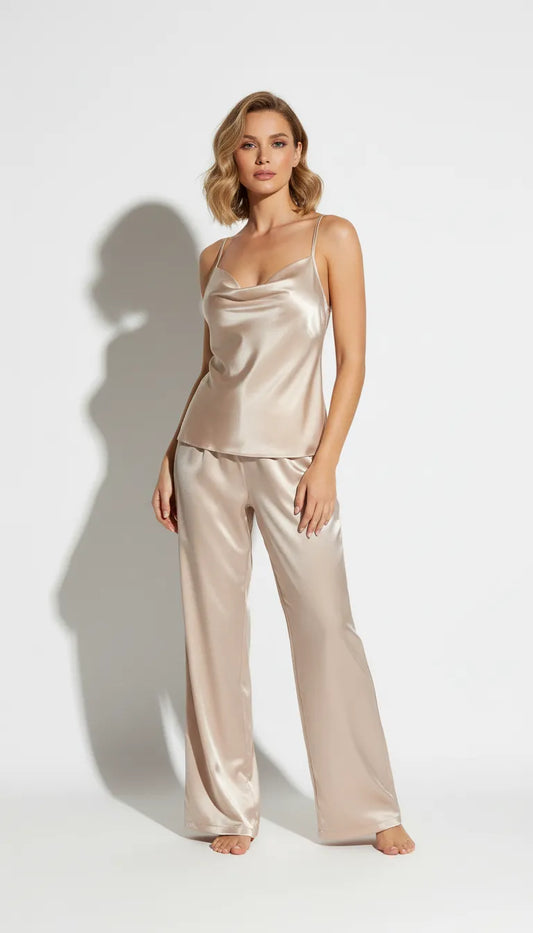 Pyjama Satin Beige | Femme | Débardeur et Pantalon | Ensemble 2 Pièces - Vue de face