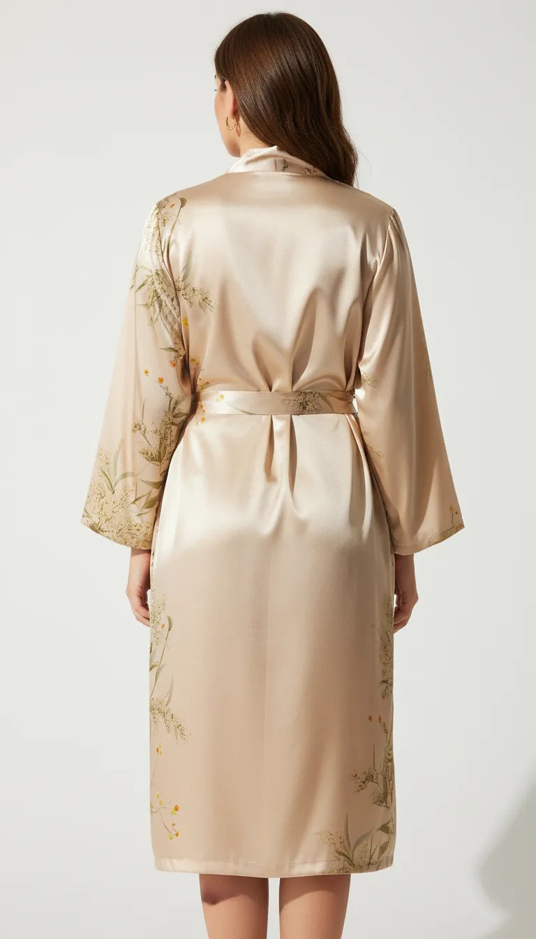 Pyjama Satin Beige Floral pour Femme | Nuisette et Kimono Longs | Ensemble 2 Pièces - Vue de dos