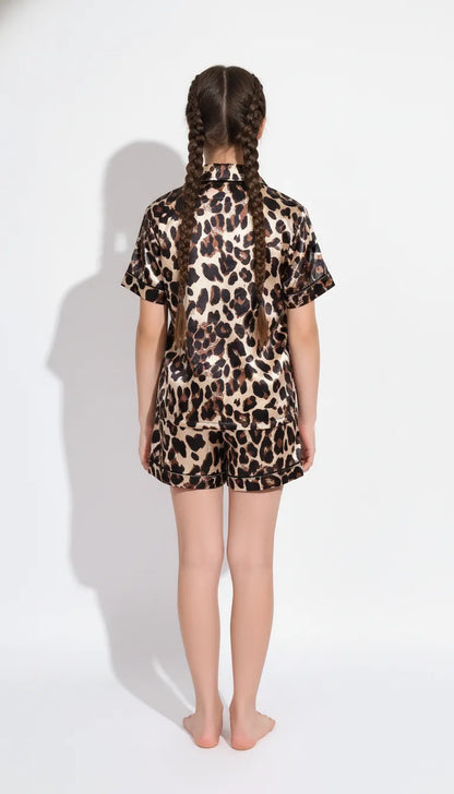 Pyjama Satin Beige Léopard | Chemise & Short Fille | Ensemble 2 Pièces - Vue de dos