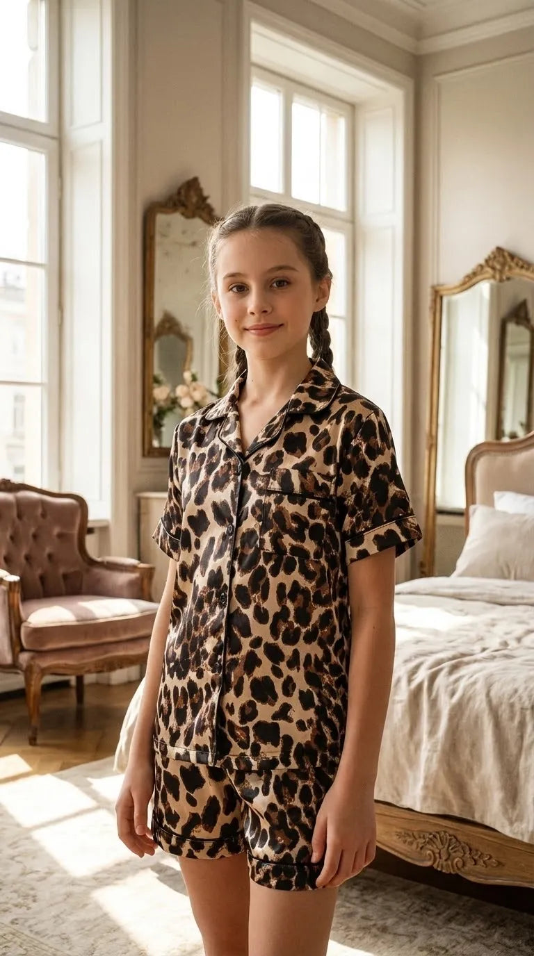 Pyjama Satin Beige Léopard | Chemise & Short Fille | Ensemble 2 Pièces - Mise en situation portée