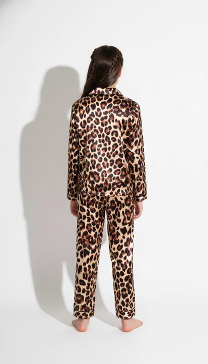 Pyjama Satin Beige Léopard pour Fille | Romantique | Chemise manches longues et pantalon | 2 Pièces - Vue de dos