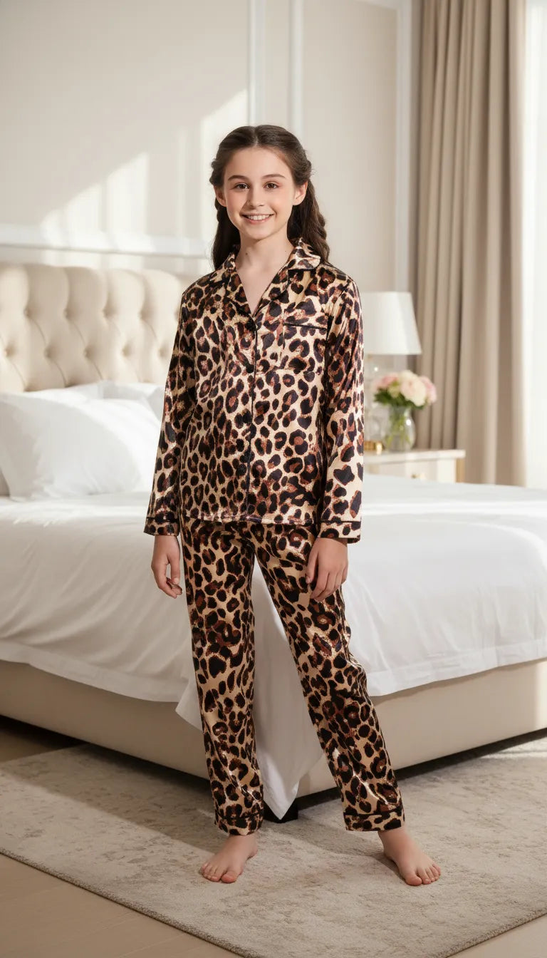 Pyjama Satin Beige Léopard pour Fille | Romantique | Chemise manches longues et pantalon | 2 Pièces - Mise en situation portée