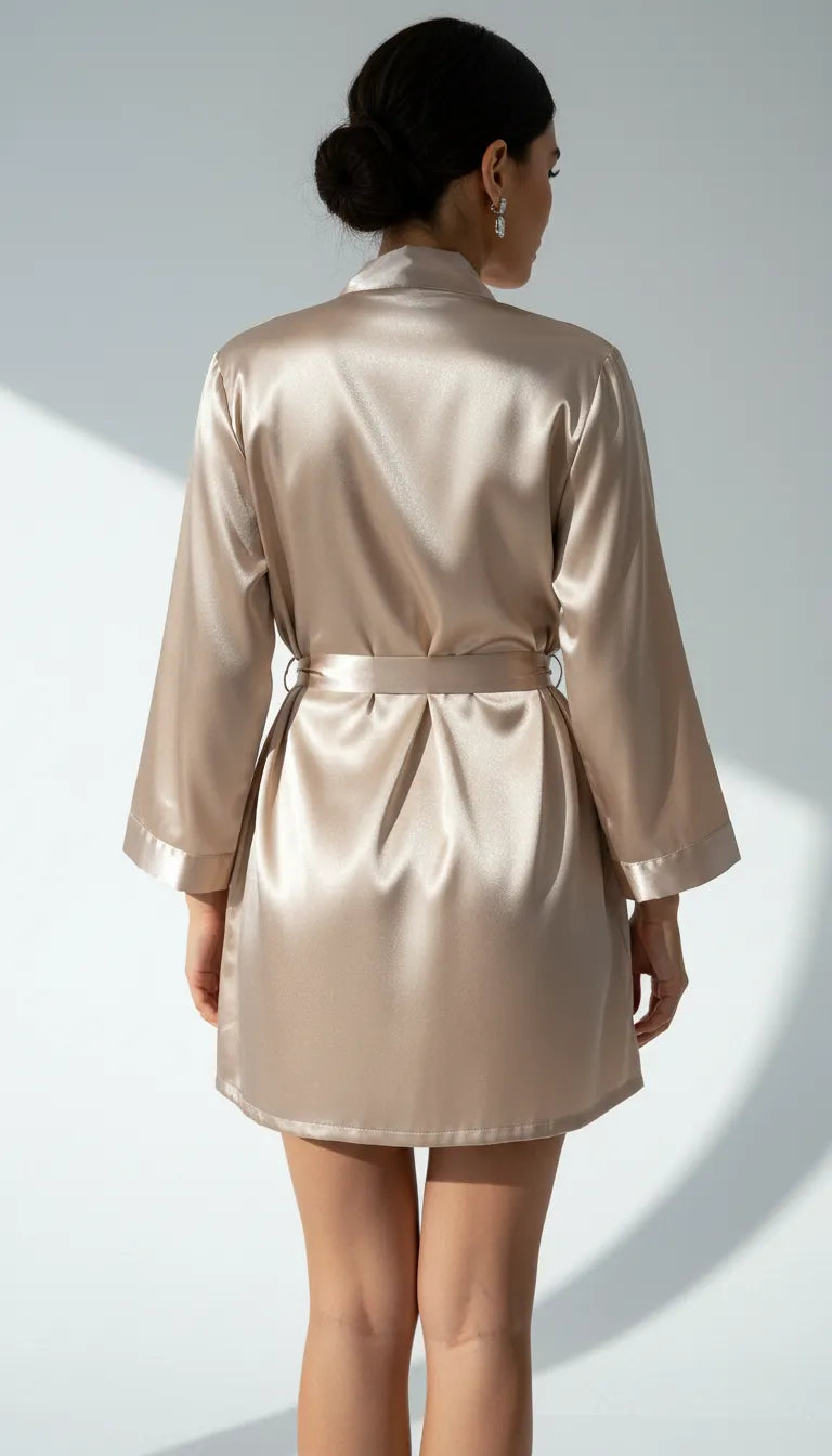 Pyjama Satin Beige Romantique pour Femme | Nuisette décolletée & Kimono Long en Dentelle | Ensemble 2 Pièces - Vue de dos