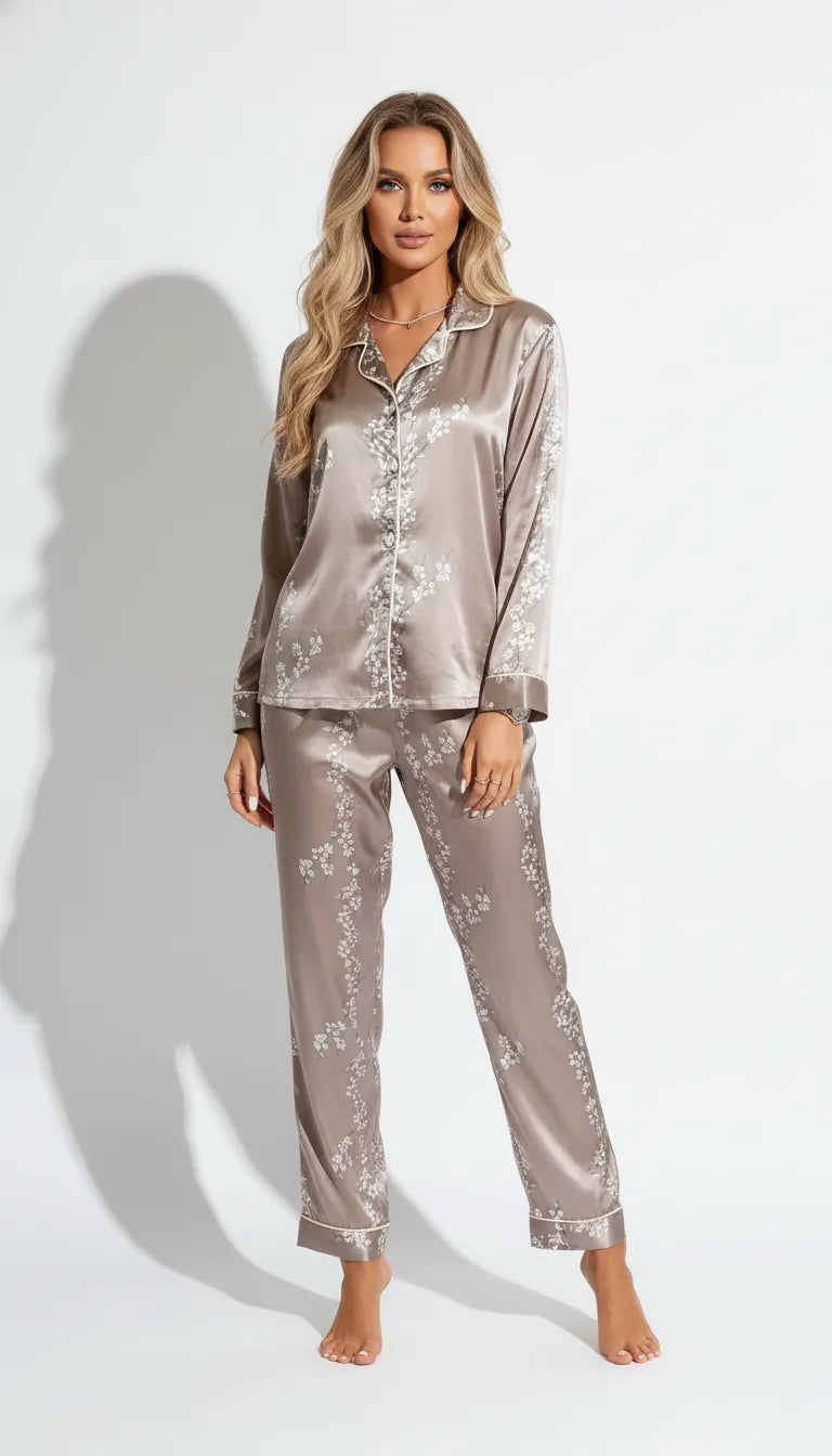 Pyjama Satin Beige à Fleurs Blanches pour Femme | Ensemble Chemise Boutonnée Manches Longues et Pantalon | 2 Pièces - Vue de face