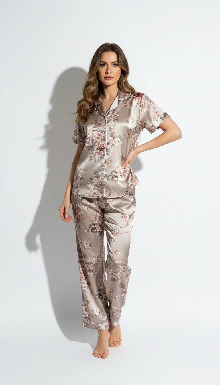 Pyjama Satin Beige et Floral pour Femme | Ensemble Chemise Manches Courtes & Pantalon Long 2 Pièces - Vue de face