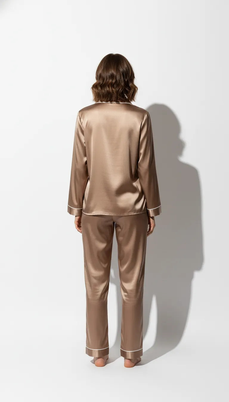 Pyjama Satin Beige pour Femme | Élégance Classique | Chemise Manches Longues & Pantalon | Ensemble 2 Pièces - Vue de dos