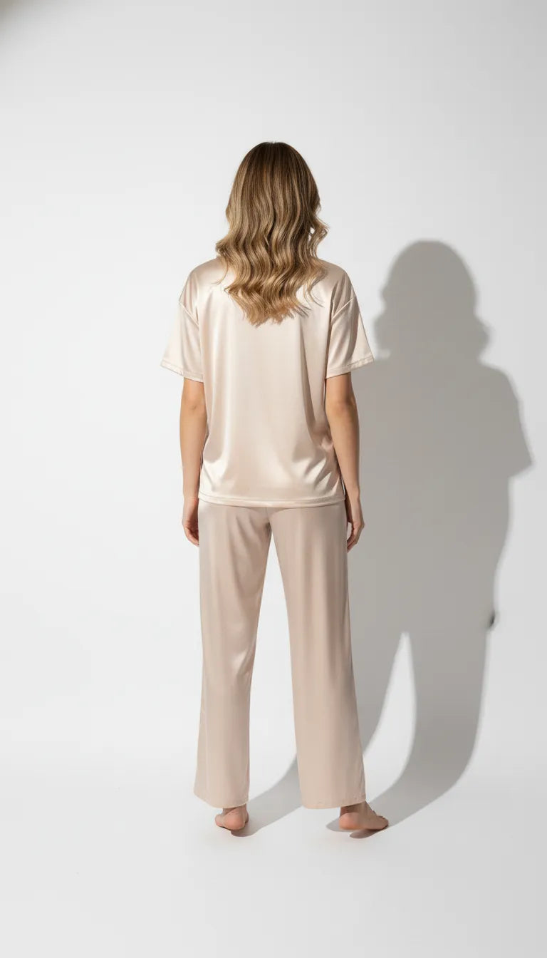 Pyjama Satin Beige pour Femme | Chic Moderne | T-shirt Manches Courtes & Pantalon Long | Ensemble 2 Pièces - Vue de dos