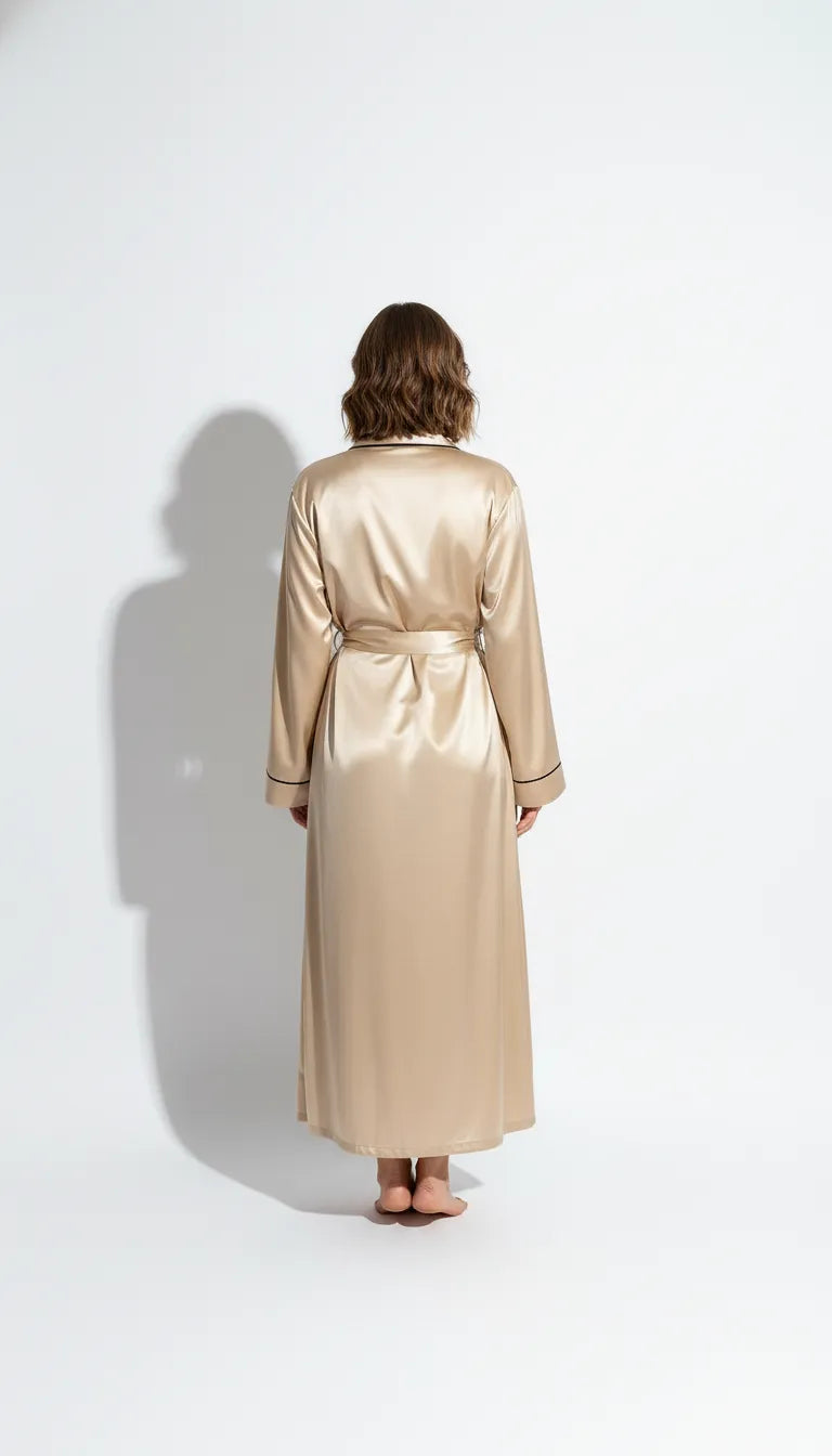 Pyjama Satin Beige pour Femme | Nuisette à bretelles fines et Kimono Long à Manches Longues | 2 Pièces - Vue de dos