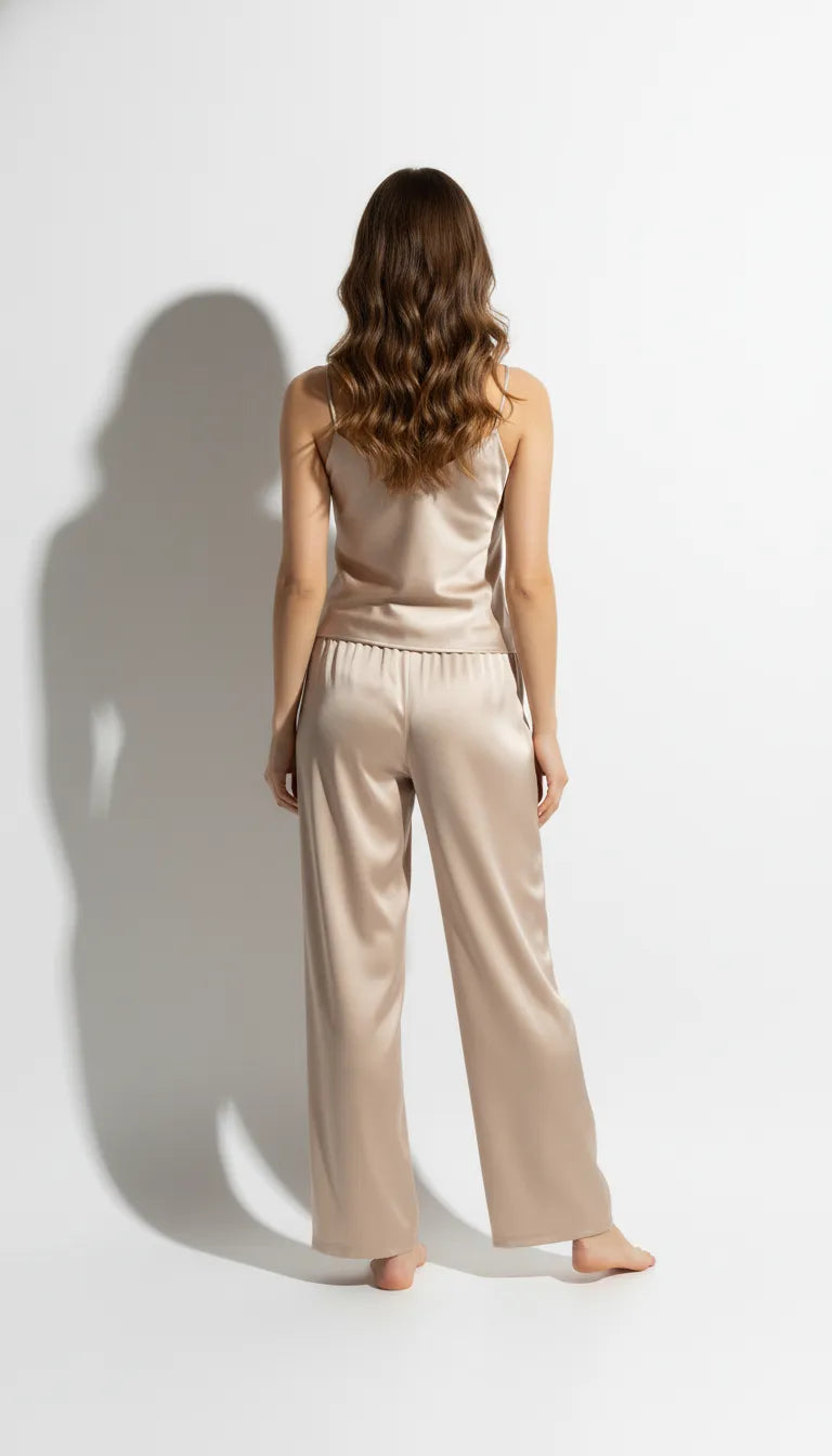 Pyjama Satin Beige pour Femme | Ensemble Débardeur et Pantalon | 2 Pièces - Vue de dos