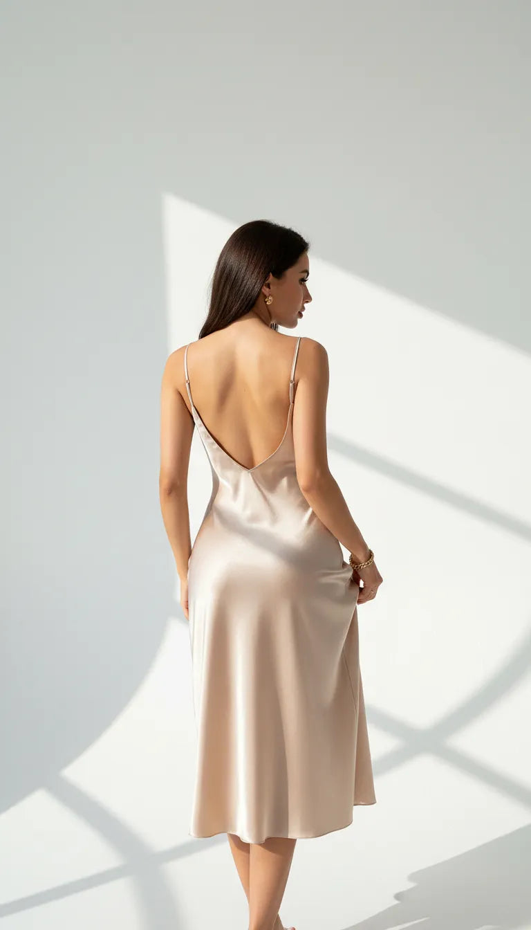 Pyjama Satin Beige pour Femme | Nuisette Décolleté Plongeant et Fente Haute | 1 Pièce - Vue de dos