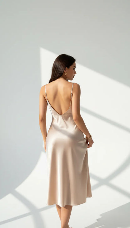 Pyjama Satin Beige pour Femme | Nuisette Décolleté Plongeant et Fente Haute | 1 Pièce - Vue de dos