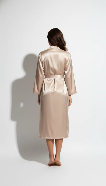 Pyjama Satin Beige pour Femme | Robe de chambre longue en satin | 1 Pièce - Vue de dos
