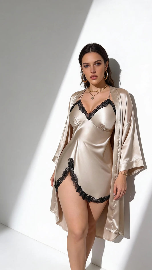 Pyjama Satin Beige pour Femme | Nuisette à Bretelles et Kimono Long | Ensemble 2 Pièces - Vue de face