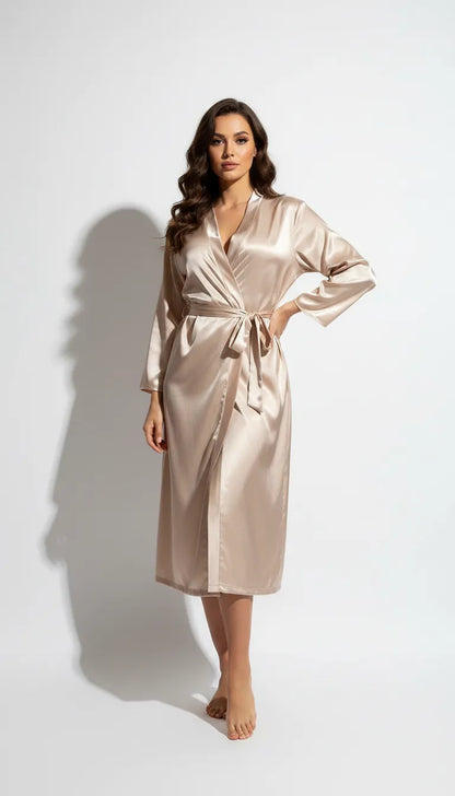 Pyjama Satin Beige pour Femme | Robe de chambre longue en satin | 1 Pièce - Vue de face