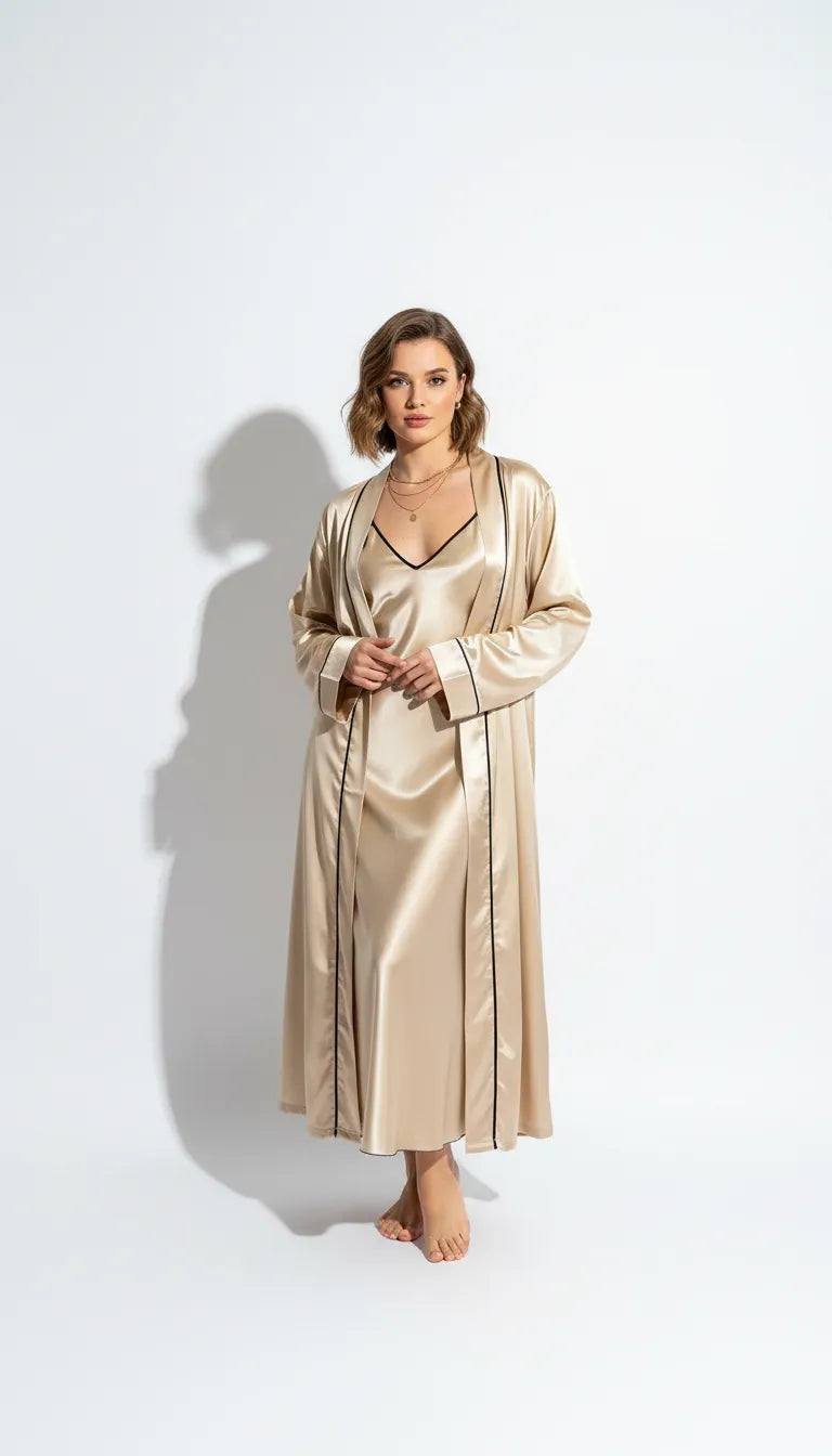 Pyjama Satin Beige pour Femme | Nuisette à bretelles fines et Kimono Long à Manches Longues | 2 Pièces - Vue de face