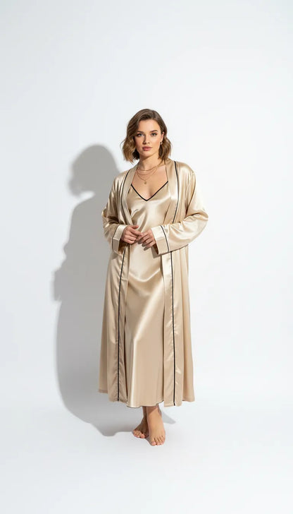 Pyjama Satin Beige pour Femme | Nuisette à bretelles fines et Kimono Long à Manches Longues | 2 Pièces - Vue de face