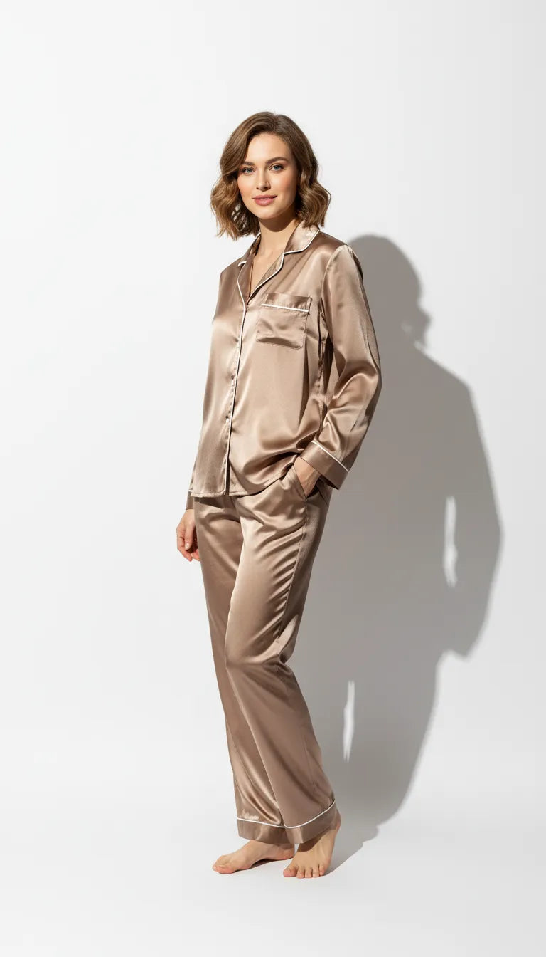 Pyjama Satin Beige pour Femme | Élégance Classique | Chemise Manches Longues & Pantalon | Ensemble 2 Pièces - Vue de face