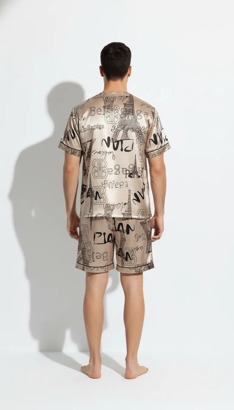 Pyjama Satin Beige pour Homme | Motif Parisien Chic | T-shirt Manches Courtes & Short | 2 Pièces - Vue de dos