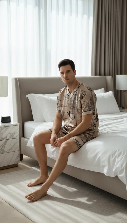 Pyjama Satin Beige pour Homme | Motif Parisien Chic | T-shirt Manches Courtes & Short | 2 Pièces - Mise en situation portée