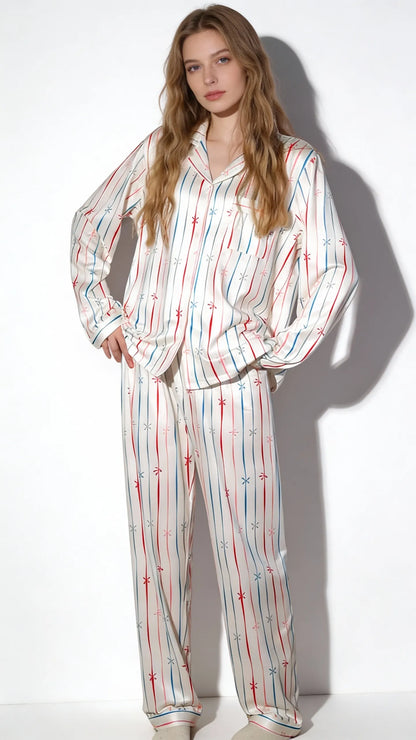 Pyjama Satin Blanc | Moderne chic | Chemise et Pantalon Femme | Ensemble 2 Pièces - Vue de face