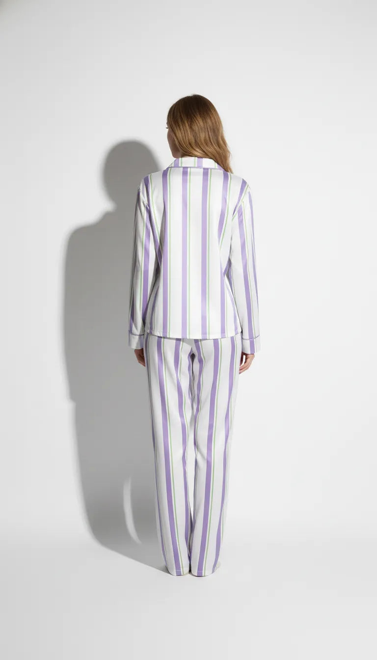 Pyjama Satin Blanc Rayé | Moderne Chic | Ensemble Femme 2 Pièces - Vue de dos