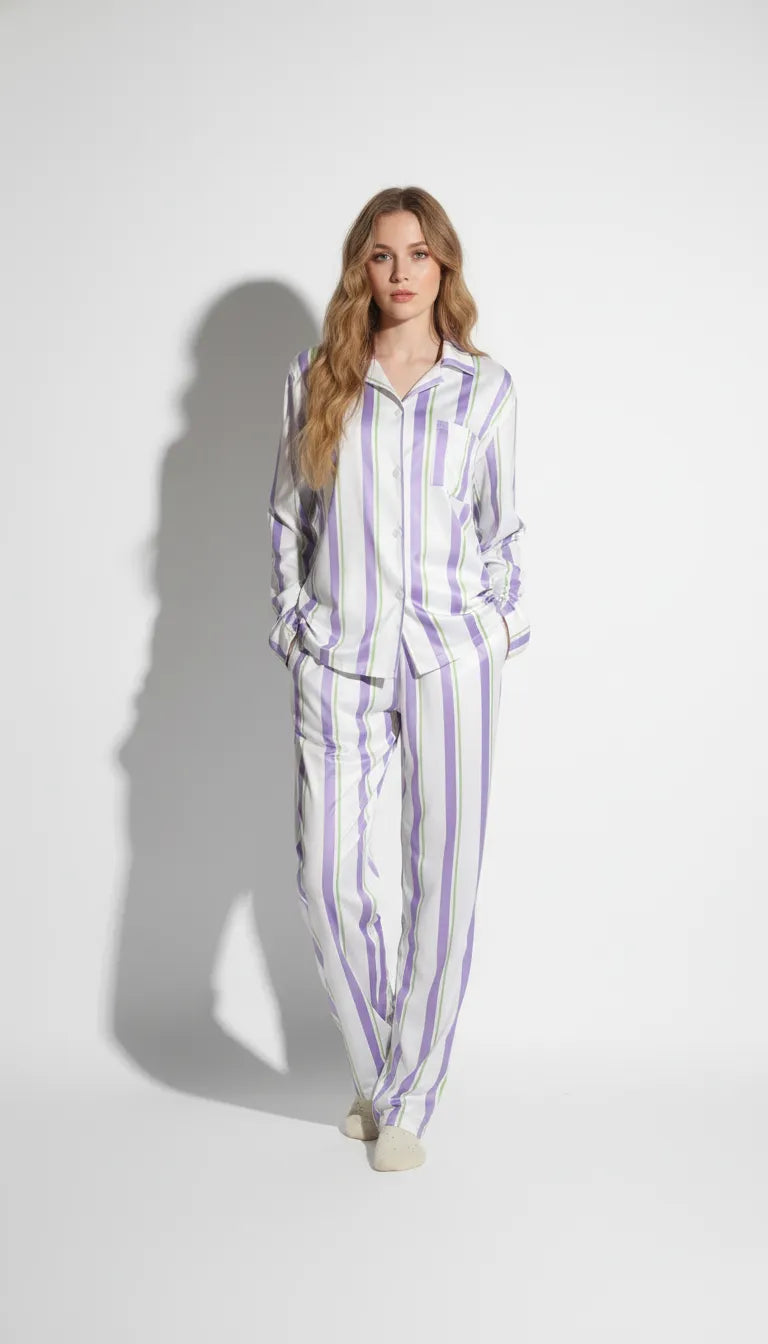 Pyjama Satin Blanc Rayé | Moderne Chic | Ensemble Femme 2 Pièces - Vue de face