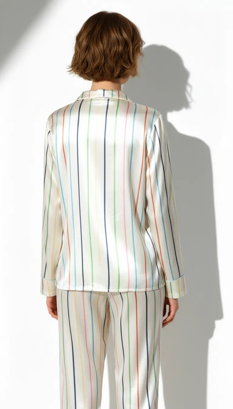 Pyjama Satin Blanc Rayé Multicolor | Moderne Chic | Chemise et Pantalon Femme | Ensemble 2 Pièces - Vue de dos