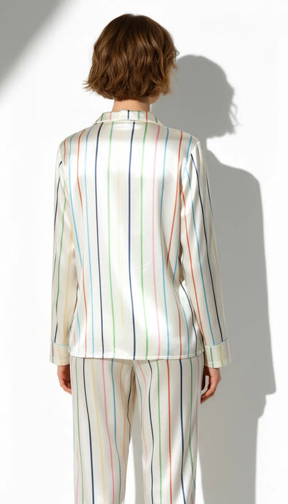 Pyjama Satin Blanc Rayé Multicolor | Moderne Chic | Chemise et Pantalon Femme | Ensemble 2 Pièces - Vue de dos