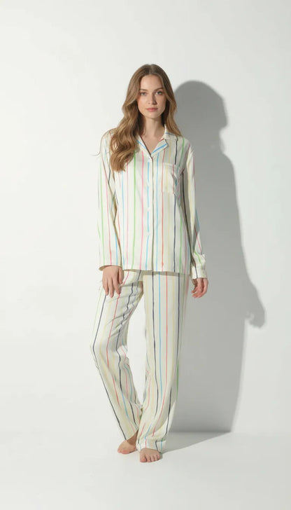Pyjama Satin Blanc Rayé Multicolor | Moderne Chic | Chemise et Pantalon Femme | Ensemble 2 Pièces - Vue de face