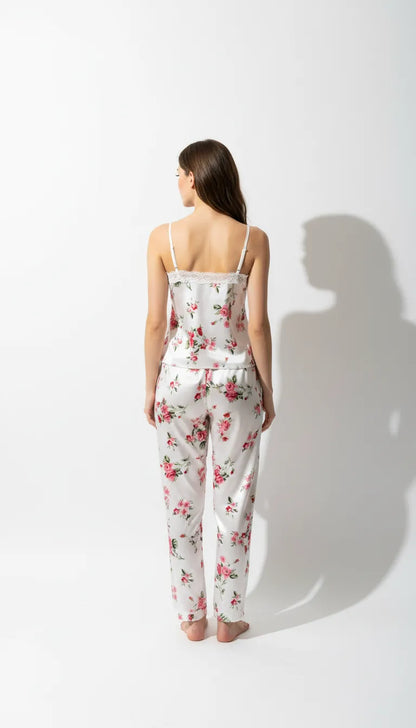 Pyjama Satin Blanc à Fleurs Roses pour Femme | Débardeur avec Dentelle & Pantalon | Ensemble 2 Pièces - Vue de dos