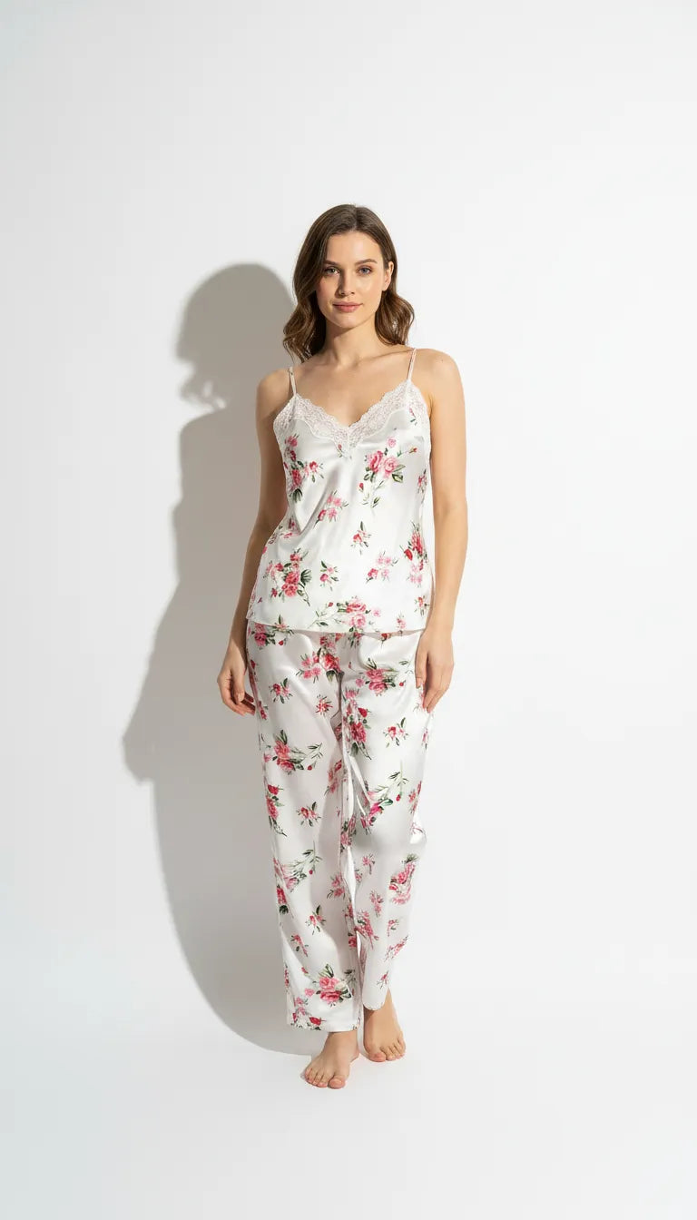 Pyjama Satin Blanc à Fleurs Roses pour Femme | Débardeur avec Dentelle & Pantalon | Ensemble 2 Pièces - Vue de face